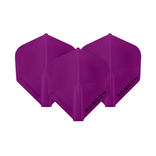 Vols Robson Plus - Standard Das Bild zeigt drei violette Dartflights der Marke Robson. Auf jedem Flight steht das Wort "ROBSON" in schwarzer Schrift.