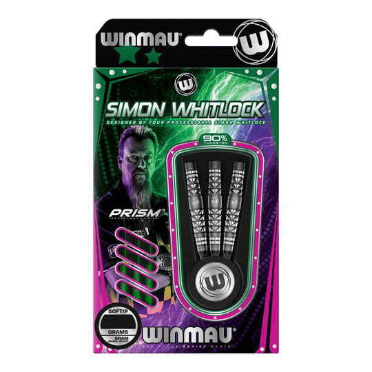 Fléchettes souples Winmau Simon Whitlock à poignée atomisée Das Bild zeigt eine Verpackung der "Winmau Simon Whitlock Atomised Grip Softdarts". Drei Darts mit speziellem Griffdesign sind in einer auffälligen, bunten Box zu sehen.