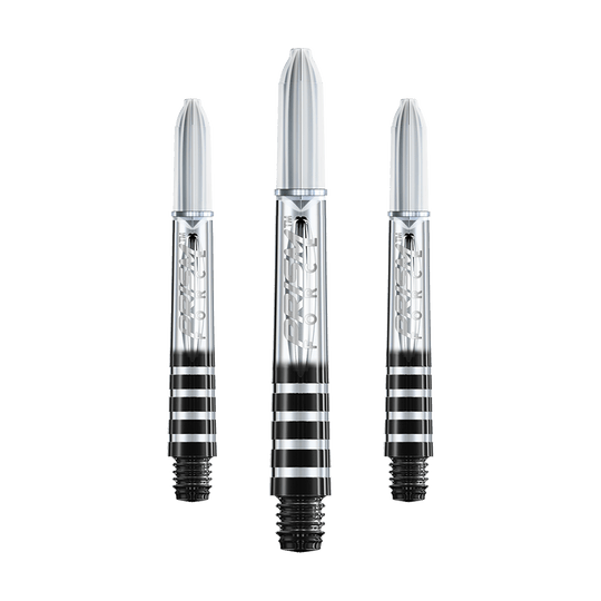 Auf dem Bild sind drei transparente Dartschäfte mit schwarzen Ringen zu sehen. Sie sind unterschiedlich lang und haben den Aufdruck "Prism Force".