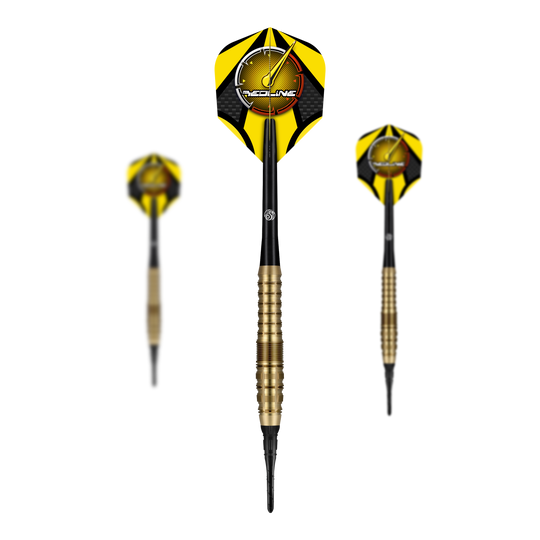 Fléchettes souples Shot Redline Gizmo - 20 g Das Bild zeigt drei Softdarts des Produkts "Shot Redline Gizmo Softdarts - 20g". Die Darts haben gelb-schwarze Flights und einen gerillten, goldfarbenen Schaft.