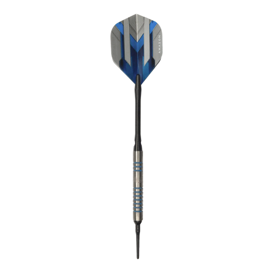 Fléchettes souples McDart 85 Tungsten V1 - 17 g Dies ist ein McDart 85er Tungsten V1 Softdart mit einem Gewicht von 17g. Der Dart hat blaue und silberne Akzente und eine schwarze Spitze.