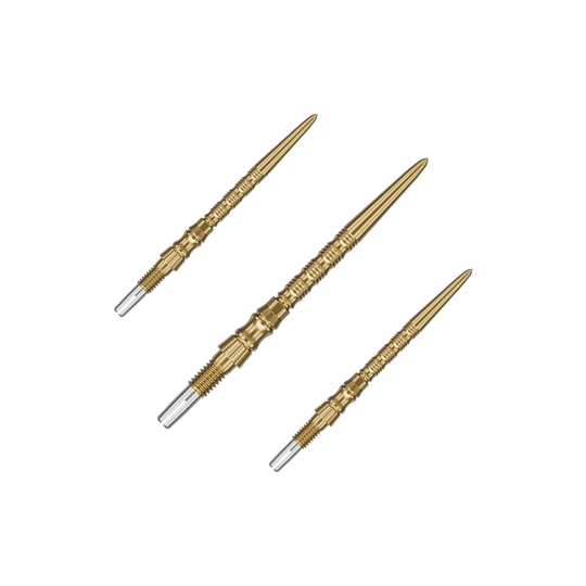 Pointes de fléchettes en acier Target Signature Swiss Point TRB - or Ein Set von Target SwissPoint Signature TRB Dartspitzen in Gold mit 30mm Länge ist zu sehen. Die Dartspitzen sind ordentlich angeordnet.