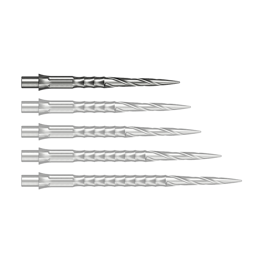 Pointes de fléchettes en acier Caliburn System - Spiro - NoLip - argent Das Bild zeigt wahrscheinlich eine 28 mm lange Steeldartspitze aus Silber. Die Spitze ist Teil des Caliburn Evo Systems und trägt die Bezeichnung Spiro NoLip.
