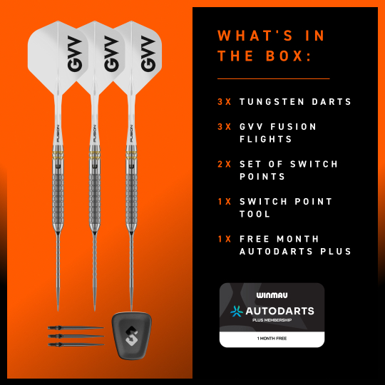 Fléchettes en acier Winmau Gian Van Veen W-MAX Switch Point Die Winmau Gian Van Veen W-MAX Switch Point Steeldarts sind hier von der Seite zu sehen. Die Darts liegen auf einer hellen Oberfläche.
