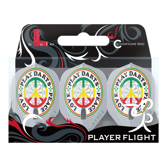 Das Bild zeigt die L-Style Deta Hedman V4 Clear White L1PRO Flights für Dartpfeile in einer Verpackung. Auf den Flights ist ein buntes Friedenszeichen mit den Worten "PLAY DARTS * PEACE * LOVE" abgebildet.