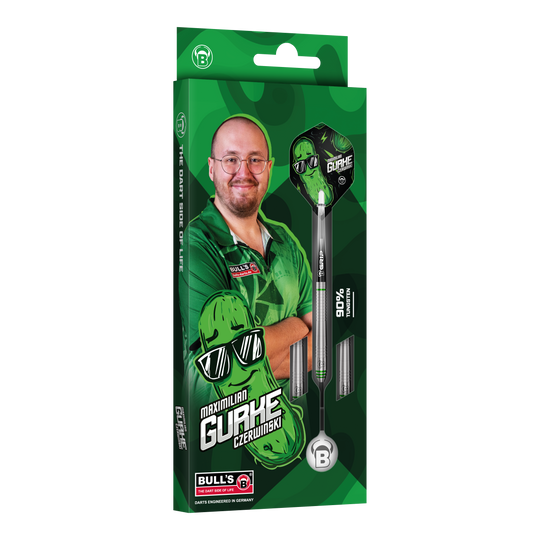 Fléchettes en acier Bulls Max Czerwinski Concombre - 23 g Bulls Max Czerwinski Gurke Steeldarts mit einem Gewicht von 23 Gramm. Diese Aufnahme zeigt Details des Dartpfeils.