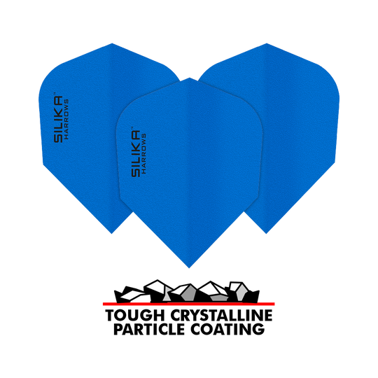 Revêtement cristallin solide et résistant en silice Harrows, bleu n° 6 Das Bild zeigt blaue Dart-Flights der Marke Harrows Silika mit einer soliden, kristallinen Beschichtung. Unten im Bild steht "Tough Crystalline Particle Coating" mit einer grafischen Darstellung von Kristallen.