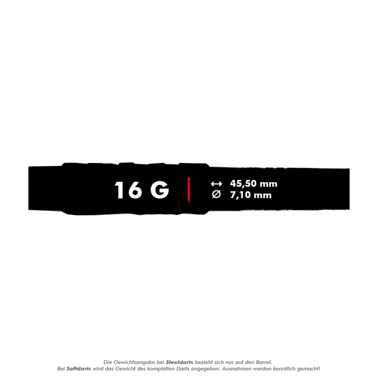 Fléchettes souples McDart 85 Tungstène V4 - 16 g Das Bild zeigt die Produktinformationen der McDart 85er Tungsten V4 Softdarts mit einem Gewicht von 16 Gramm. Die Darts sind 45,50 mm lang und haben einen Durchmesser von 7,10 mm.