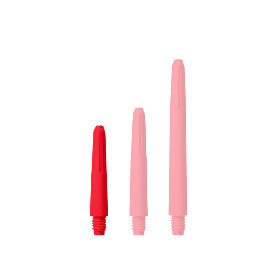 569_Nylon_Shafts_Rot_28mm_1u21CkwMWJifGD Das Bild zeigt drei rote Nylon-Schäfte in unterschiedlichen Längen. Sie haben alle ein Gewinde am unteren Ende.