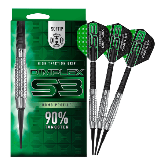 Fléchettes souples Harrows Dimplex S3 Bomb Auf dem Bild sind die Harrows Dimplex S3 Bomb Softdarts und ihre Verpackung zu sehen. Die Darts haben einen hohen Grip und bestehen zu 90% aus Tungsten.