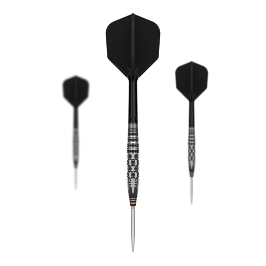 Fléchettes en acier Target Japan Black Marque Dancing Duck GEN 4 Das Bild zeigt drei schwarze Steeldarts des Modells "Target Japan Black Marque Dancing Duck GEN 4". Die Darts haben silberne Spitzen und geriffelte Griffbereiche für bessere Kontrolle.