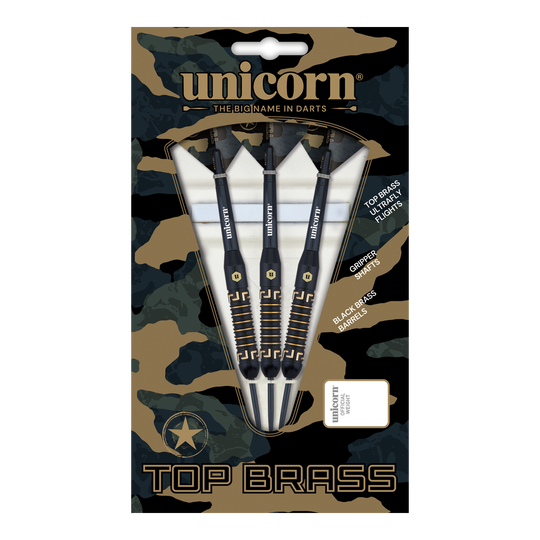 Fléchettes en acier Unicorn Top Brass V1 - 20 g Das Bild zeigt die "Unicorn Top Brass V1 Steeldarts - 20g" in einer Verpackung mit Tarnmuster. Die Packung enthält drei schwarze Darts mit goldfarbenen Details.