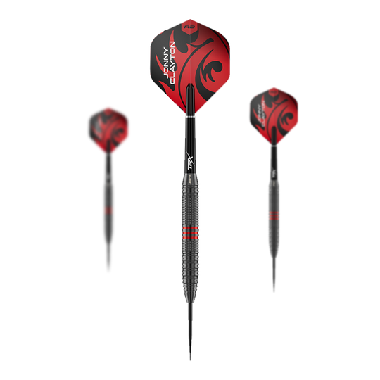 Fléchettes en acier Red Dragon Jonny Clayton Core Brass - 21 g Das Bild zeigt ein Set der Red Dragon Jonny Clayton Core Brass Steeldarts mit 21g Gewicht. Es sind drei Darts mit goldener Griffzone und roten Flights dargestellt.