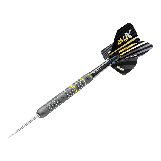 Fléchettes en acier Winmau Michael Van Gerwen Evo-X Das Bild zeigt einen Winmau Michael Van Gerwen Evo-X Steeldart. Der Dart hat ein schwarzes und gelbes Design mit metallischer Spitze und strukturierter Griffzone.