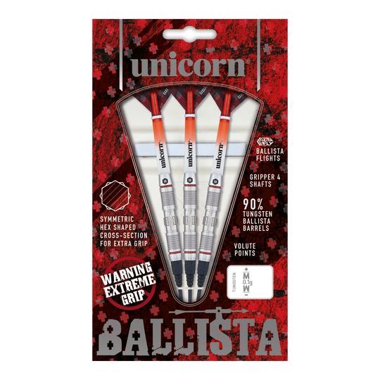 Fléchettes souples Unicorn Ballista Style 2 Das Bild zeigt eine Packung „Unicorn Ballista Style 2 Softdarts“. In der Packung befinden sich drei Softdarts mit silbernen und orangenen Details.
