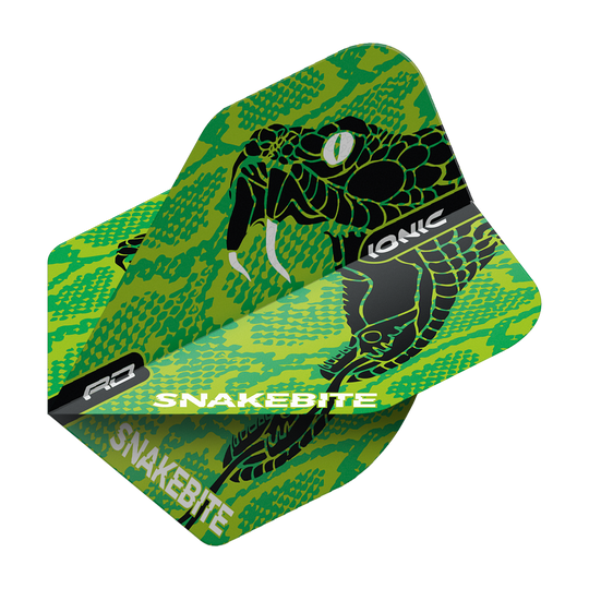 TF6571_Red_Dragon_Hardcore_Ionic_Snakebite_Green_Head_Standard_Flights_2 Das Bild zeigt ein Dart Flight mit einer auffälligen grünen Schlangen-Design und den Schriftzügen "SNAKEBITE" und "IONIC". Das Produkt ist der "Red Dragon Hardcore Ionic Snakebite Green Head Standard Flight".