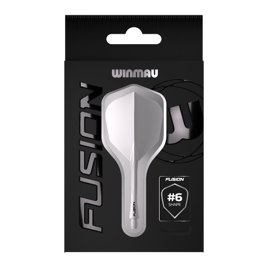 Système d'arbre de vol Winmau Fusion n° 6 transparent Das Bild zeigt die Verpackung des Produkts "Winmau Fusion Flight-Shaft-System No6 Clear". In der Mitte ist das transparente Flight-Shaft-System im #6-Shape deutlich zu sehen.
