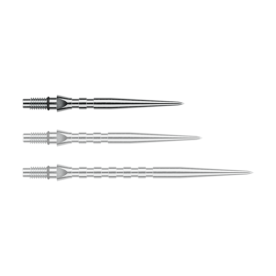 Abgebildet ist eine einzelne silberne Steeldartspitze mit Rillen, vermutlich vom Typ 'Switch Point Groove Silver Effect' und 26mm. Diese Spitze eignet sich für Steeldarts.