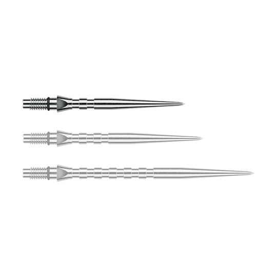 Pointes de fléchettes en acier Winmau Switch Point Groove - Effet argenté Abgebildet ist eine einzelne silberne Steeldartspitze mit Rillen, vermutlich vom Typ 'Switch Point Groove Silver Effect' und 26mm. Diese Spitze eignet sich für Steeldarts.