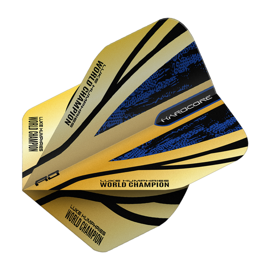 Vols Red Dragon Hardcore Premium Luke Humphries Gold Standard Das Bild zeigt das Produkt "Red Dragon Hardcore Premium Luke Humphries Gold Standard Flights". Die Dart-Flight ist goldfarben mit schwarzen und blauen Akzenten und trägt die Aufschrift "Luke Humphries World Champion".