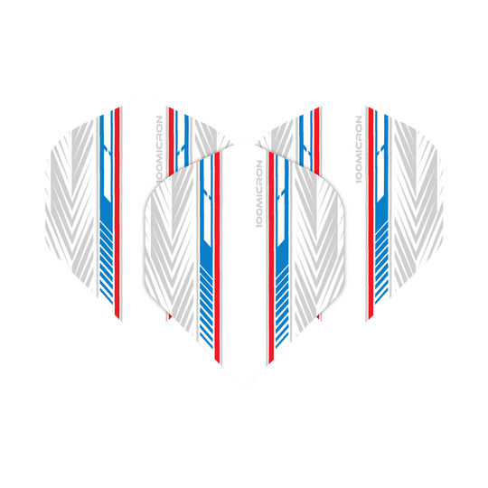 Vols de Pentathlon blanc/bleu/rouge Das Bild zeigt die Pentathlon White Blue Red No2 Standard Flights. Sie haben ein weißes Design mit blauen und roten Streifen sowie grauen Mustern.