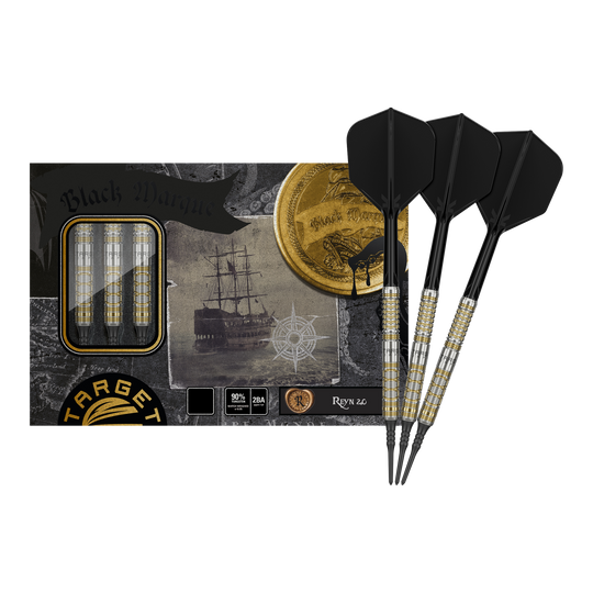 Fléchettes souples Target Japan Black Marque Reyn GEN2 - 17,5 g Das Bild zeigt das Produkt "Target Japan Black Marque Reyn GEN2 Softdarts - 17,5g" mit drei eleganten, schwarz-goldenen Softdarts vor der Verpackung. Auf der Verpackung ist zudem ein Schiff sowie eine goldene Münze abgebildet.