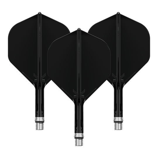 Auf dem Bild ist ein Set aus Dart Flights in Schwarz mit der Bezeichnung '410546 Target KShift No2 Standard Flights Schwarz 19mm' zu sehen. Die Flights sind für Dartpfeile geeignet.