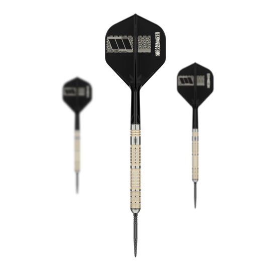 Gezeigt werden die Target Dimitri Van Den Bergh 95K Swiss Point Steeldarts als Set. Auf dem Bild sind mehrere Steeldarts zusammen dargestellt.