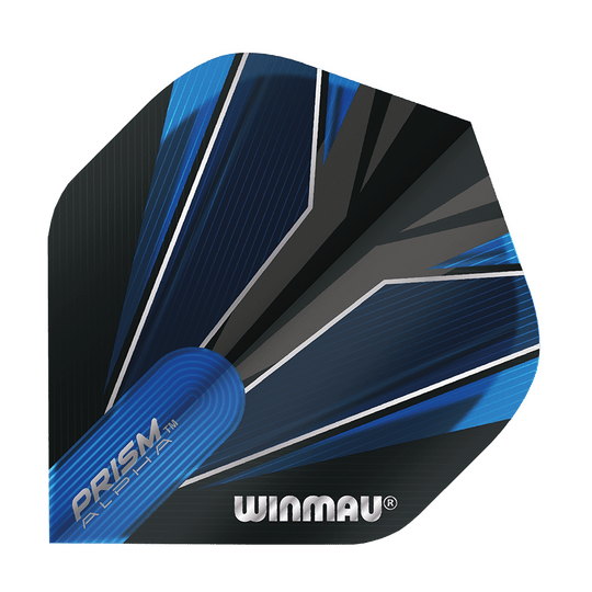 Das Bild zeigt das Produkt "Winmau Prism Alpha Blue Standard 2 Flights". Die Flights sind in einem modernen blauen und schwarzen Design gehalten, mit dem Winmau-Logo darauf.