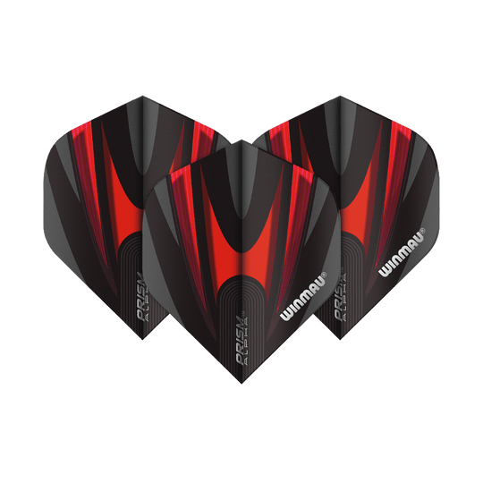 Das Bild zeigt drei Dart-Flights des Modells „Winmau Prism Alpha 6915.167 Standard“. Sie sind schwarz mit roten und grauen Akzenten und tragen das Winmau-Logo.