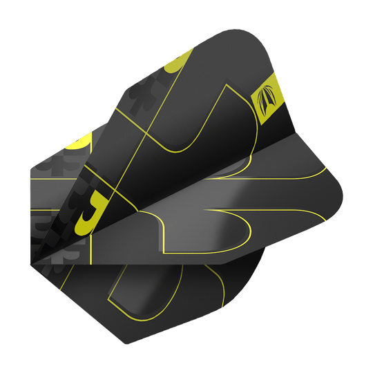 Vols Target ProUltra Bolide Void No6 Das Bild zeigt die Target ProUltra Bolide Void No6 Flights in einem modernen Design. Die Flights sind schwarz mit gelben Linien und grafischen Elementen gestaltet.