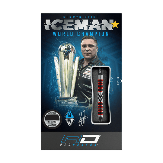 RD2569_Red_Dragon_Gerwyn_Price_Firebird_Softdarts_3 Auf dem Bild ist die Verpackung der "Red Dragon Gerwyn Price Firebird Softdarts - 20g" zu sehen. Die Verpackung zeigt einen Dartpfeil, einen Weltmeister-Pokal und ein Porträt von Gerwyn Price.