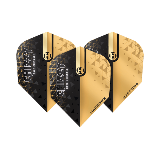 Harrows Prime Dave Chisnall Chizzy 2 No. 6 Flights Das Bild zeigt die Harrows Prime Dave Chisnall Chizzy 2 No6 Flights. Die Flights sind in Schwarz und Gold gestaltet und tragen die Aufschrift "CHIZZY DAVE CHISNALL" sowie "HARROWS".