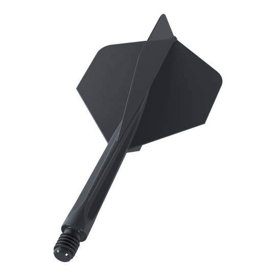 Ailettes standard Unicorn Forge All In One Plus No2, noires - Moyennes Das Bild zeigt einen schwarzen Dartflug mit integriertem Schaft in mittlerer Größe. Es handelt sich um das Modell "Unicorn Forge All In One Plus No2 Standard Flights Schwarz - Medium".