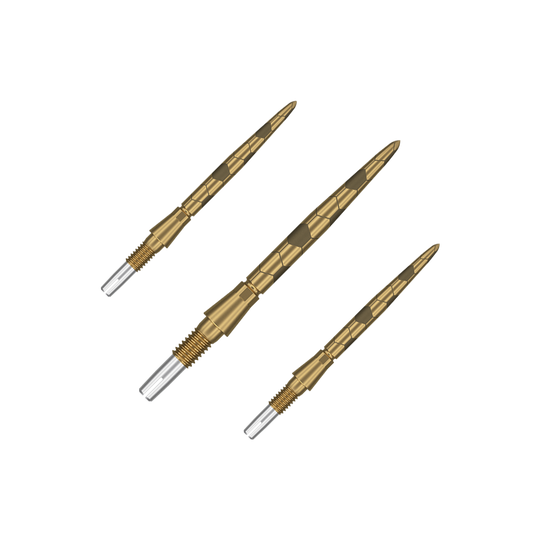 Pointes de fléchettes Target Swiss Storm Onyx Point - Or Auf dem Bild sind drei goldfarbene Dartspitzen mit einem strukturierten Muster zu sehen. Sie haben ein silbernes Schraubgewinde am Ende zum Befestigen an Dartpfeilen.