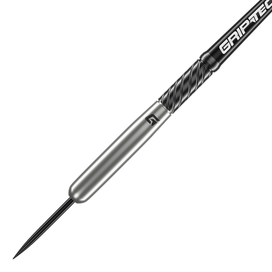 Fléchettes en acier tungstène GOAT Homerun Baseball Das Bild zeigt den GOAT Homerun Baseball Tungsten Steeldart. Der Dartpfeil hat ein schlankes, silbernes Design mit schwarzem Griffbereich und der Aufschrift "GRIPTEC".