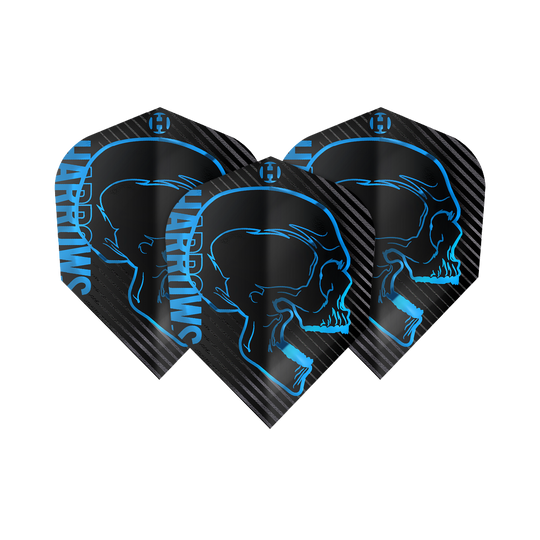 Harrows Rage Aqua No. 6 Vols Das Bild zeigt drei schwarze Dart-Flights mit einem blauen Totenkopf-Design und dem Schriftzug "Harrows". Die Flights gehören zum Produkt "Harrows Rage Aqua No6".