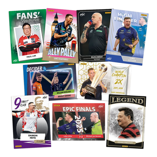 Cartes à collectionner Panini PDC Championnat du monde 2026 - Coffret collector Das Bild zeigt die Panini PDC World Championship 2026 Trading Cards - Collectors Box. Es handelt sich um Sammelkarten zur Dart-Weltmeisterschaft.