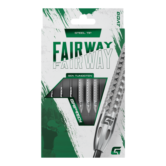 Fléchettes GOAT Fairway V2 en acier tungstène Die Abbildung zeigt die Verpackung der GOAT Fairway V2 Tungsten Steeldarts. Die Darts bestehen zu 90 % aus Tungsten und haben eine Stahspitze.