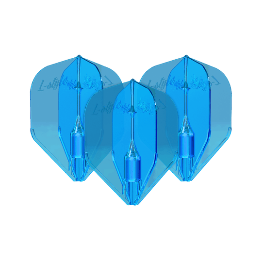 Vols L-Style Fantom L3EZ Bleu Das Bild zeigt drei blaue L-Style Fantom L3EZ Flights für Dartpfeile. Sie sind nebeneinander angeordnet und haben eine glänzende Oberfläche.
