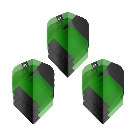 Ailettes standard Target Pro Ultra TAG vertes Ten-X - 3 jeux Das Bild zeigt drei grüne und schwarze Dart-Flights des Produkts "Target Pro Ultra TAG Grün Ten-X Standard". Die Flights haben ein auffälliges geometrisches Muster und das Target-Logo oben.