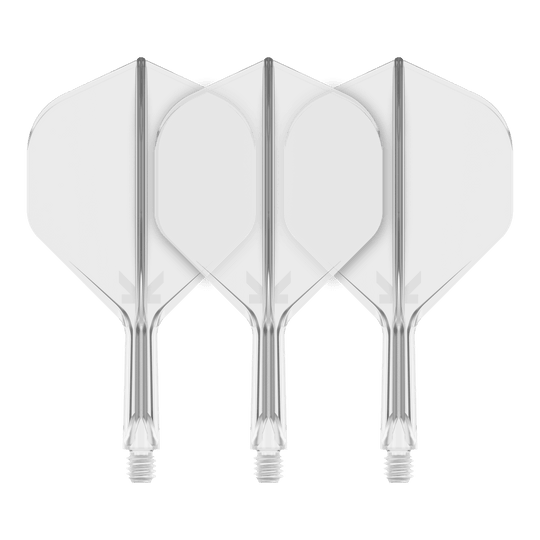 Système de vol standard Target K-Flex No2 - Transparent Auf dem Bild sind drei transparente Dart-Flights mit Standardform zu sehen. Sie sind nebeneinander angeordnet und haben klare, glatte Kanten.