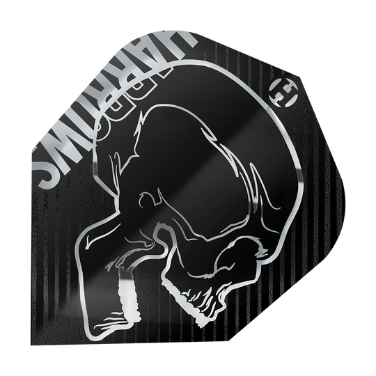 Vols Silver No6 de Harrow's Rage Das Bild zeigt das Produkt "Harrows Rage Silver No6 Flights". Auf dem Flight ist ein silberner Totenkopf auf schwarzem Hintergrund abgebildet.