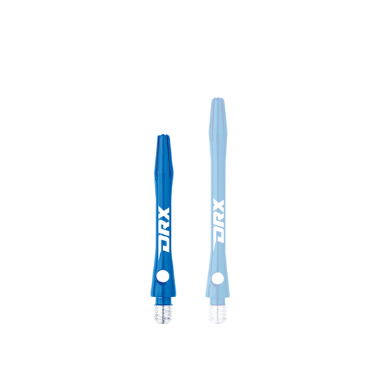 C630_Red_Dragon_DRX_Coated_Aluminium_Shafts_Blau_36mm_1e2R4zLvC979Kg Das Bild zeigt zwei blaue Red Dragon DRX beschichtete Aluminiumschäfte. Auf den Schäften ist deutlich das weiße DRX-Logo zu sehen.