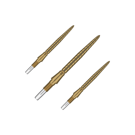 Pointes de fléchettes Target Swiss Storm Quartz - Or Auf dem Bild sind drei goldfarbene Dartspitzen zu sehen. Sie sind schlank, haben ein geriffeltes Design und haben vorne eine silberne Spitze.