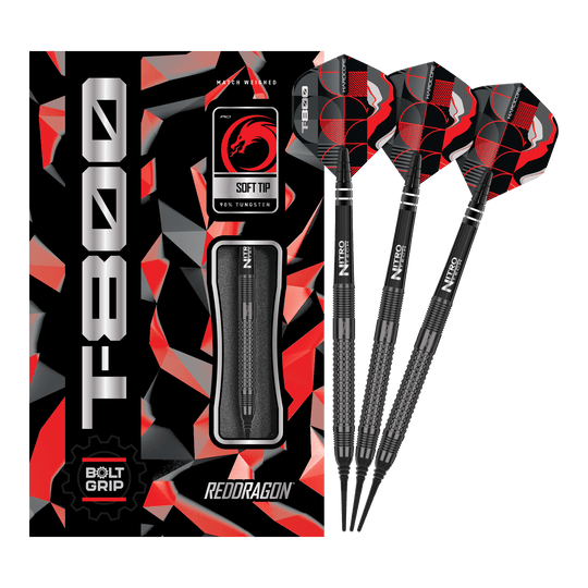 Fléchettes souples Red Dragon T-800 - 20 g Das Bild zeigt die Red Dragon T-800 Softdarts mit 20g Gewicht in einer schwarzen und roten Verpackung. Drei schwarze Softdarts mit roten und schwarzen Flights sind neben der Verpackung abgebildet.