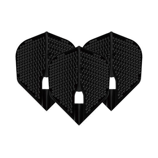 Vols de style L Dimple Champagne Forme L3PRO Das Bild zeigt drei schwarze L-Style Flights Dimple Champagne L3PRO Shape. Sie haben eine strukturierte Oberfläche mit kleinen runden Vertiefungen.