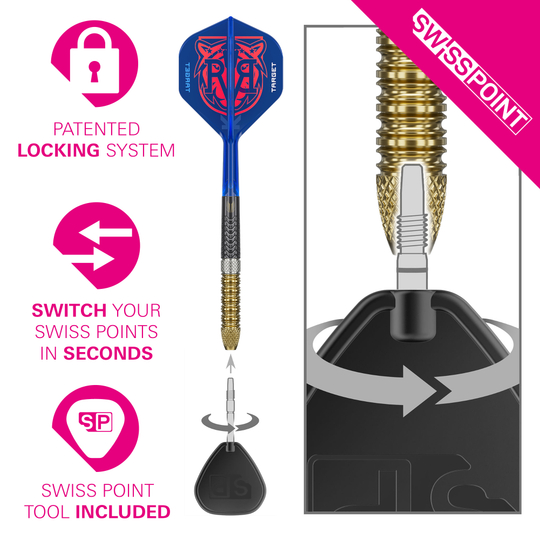 Fléchettes en acier Target Raymond Van Barneveld GEN6 Swiss Point Das Bild zeigt die Target Raymond Van Barneveld GEN6 Swiss Point Steeldarts. Die Darts sind hochwertig verarbeitet und speziell für professionelle Spieler entwickelt.