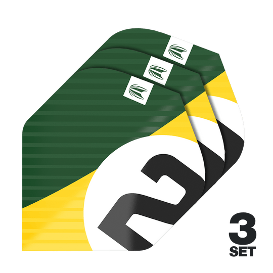 Volets standards Target Pro Ultra Chicane Green No2 - 3 jeux Das Bild zeigt drei Sets der Target Pro Ultra Chicane Green No2 Standard Flights. Die Flights sind grün mit gelben und weißen Akzenten sowie einer großen schwarzen „2“ bedruckt.