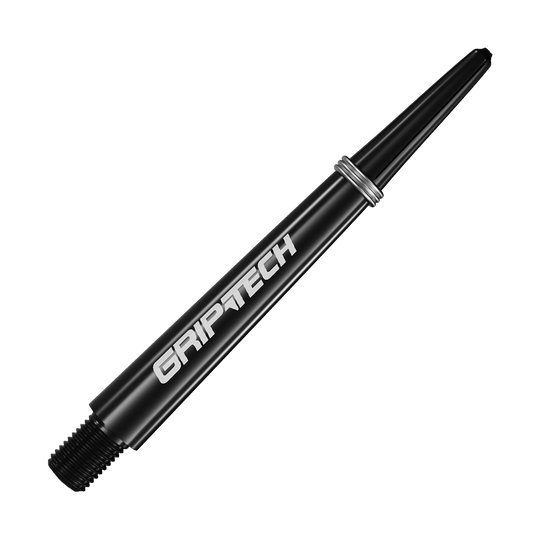 Tiges GOAT Griptech - Noires Auf dem Bild ist ein schwarzer Dart-Schaft mit der Aufschrift "GRIPTECH" zu sehen. Der Schaft ist schlank und hat silberne Ringe in der Nähe des oberen Endes.